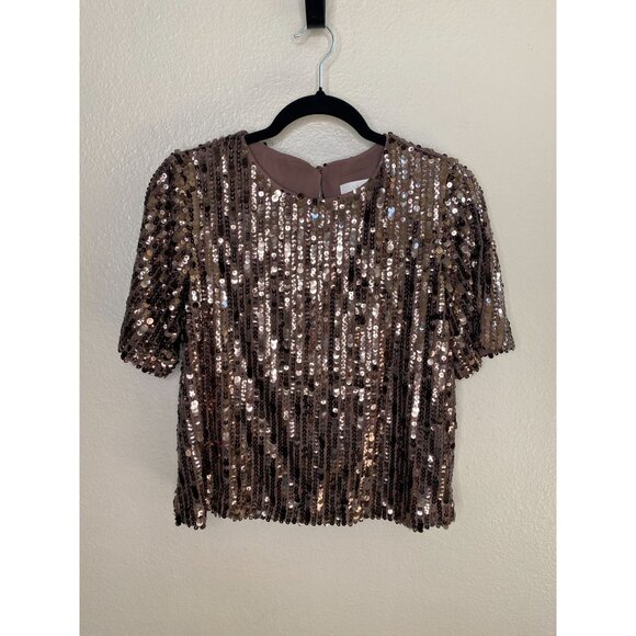 Loft Womens Brown Short Sleeve Sequin Top Sparkle‎ Bronze Polyester Blend XS - Picture 2 of 6